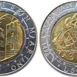 San Marino, 1992, 500 Lire, KM #286, 500 years since the discovery of America by Christopher Columbus, Bimetal, Circulated Condition.