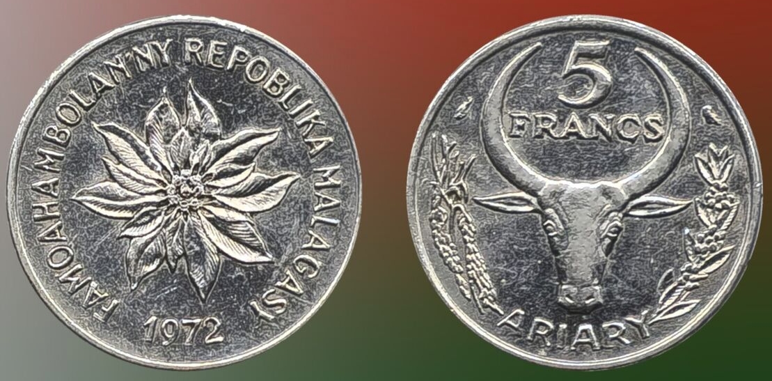 Madagascar, 5 Francs / 1 Ariary, 1966-1989, KM #10, Circulated Condition.