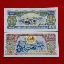 1000 Kip And 500 Kip of Laos Country Year 2003 or 2015 with cattle grazing UNC Grade Note 2 Pcs Set