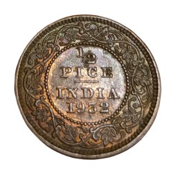 British India Copper 1/2 PICE Year 1932 King GEORGE-V High AUNC-UNC Grade.
