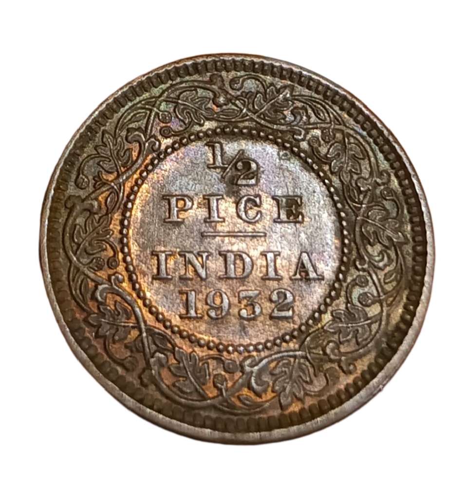 British India Copper 1/2 PICE Year 1932 King GEORGE-V High AUNC-UNC Grade.