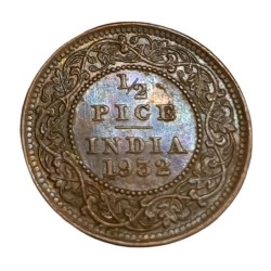 British India Copper 1/2 PICE Year 1932 King GEORGE-V High AUNC-UNC Grade.