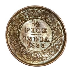 British India Copper 1/2 PICE Year 1935 King GEORGE-V High AUNC-UNC Grade.