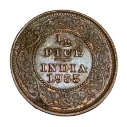 British India Copper 1/2 PICE Year 1935 King GEORGE-V High AUNC-UNC Grade.
