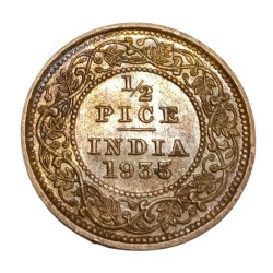 British India Copper 1/2 PICE Year 1935 King GEORGE-V High AUNC-UNC Grade.