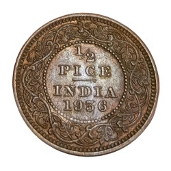 British India Copper 1/2 Pice Year 1936 King George-V High AUNC-UNC Grade.
