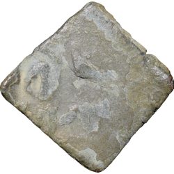 Alternative view of Lead Coin of Rudrasen III? of Western Kshatrapa(AD 348-78) Bull Facing right/3-Arched Hill