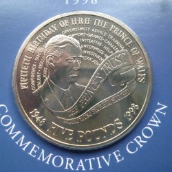 Alternative view of United Kingdom 1998 Royal Mint Five Pounds Coin (Crown) pack issued to commemorate the 50th Birthday of Prince Charles.