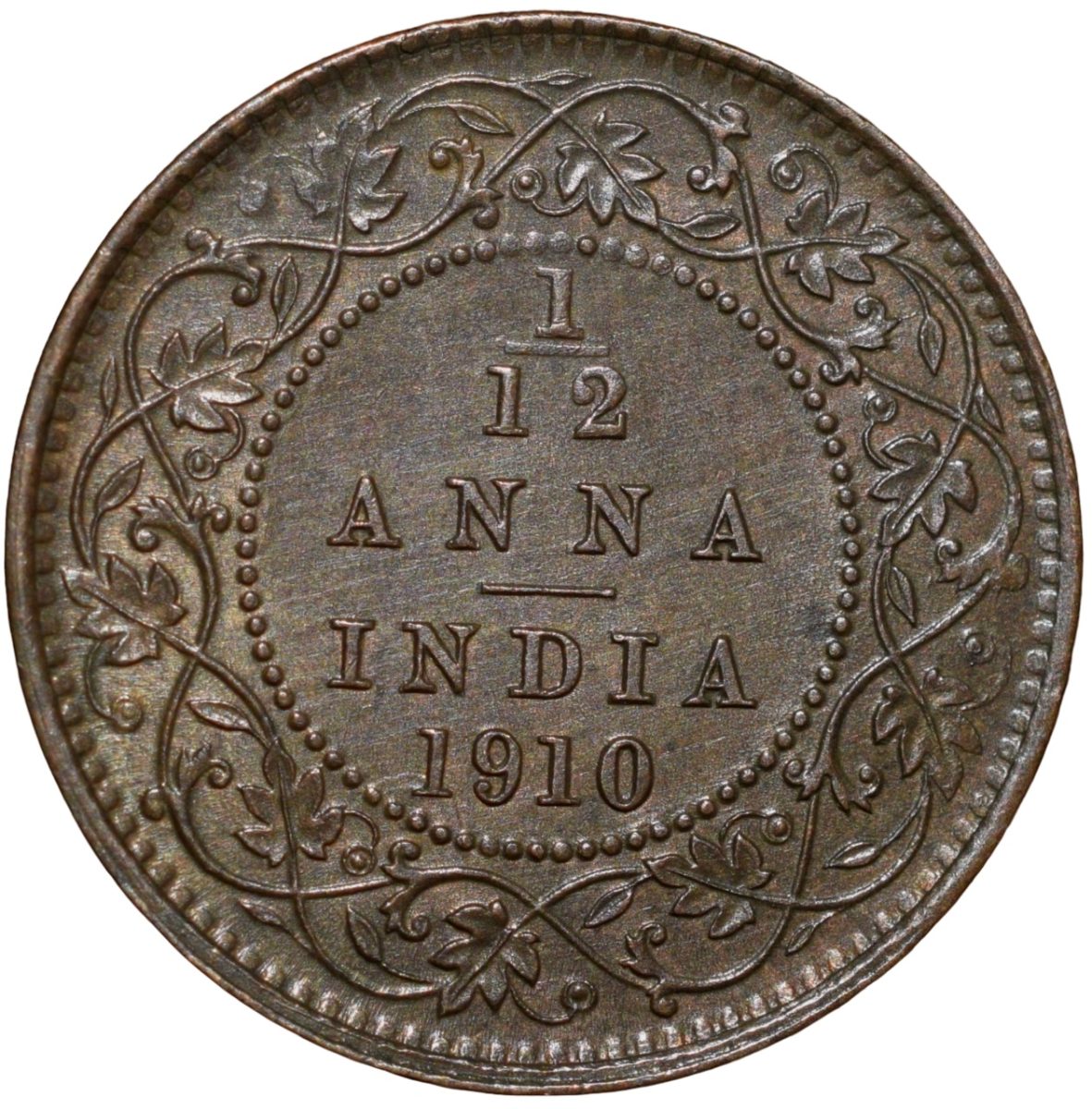 Bronze 1/12 Anna of Edward VII (AD 1910) of Calcutta Mint Die-Crack Error About UNC Grade - Image 3