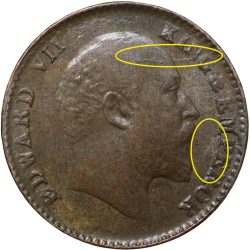 Alternative view of Bronze 1/12 Anna of Edward VII (AD 1910) of Calcutta Mint Die-Crack Error About UNC Grade