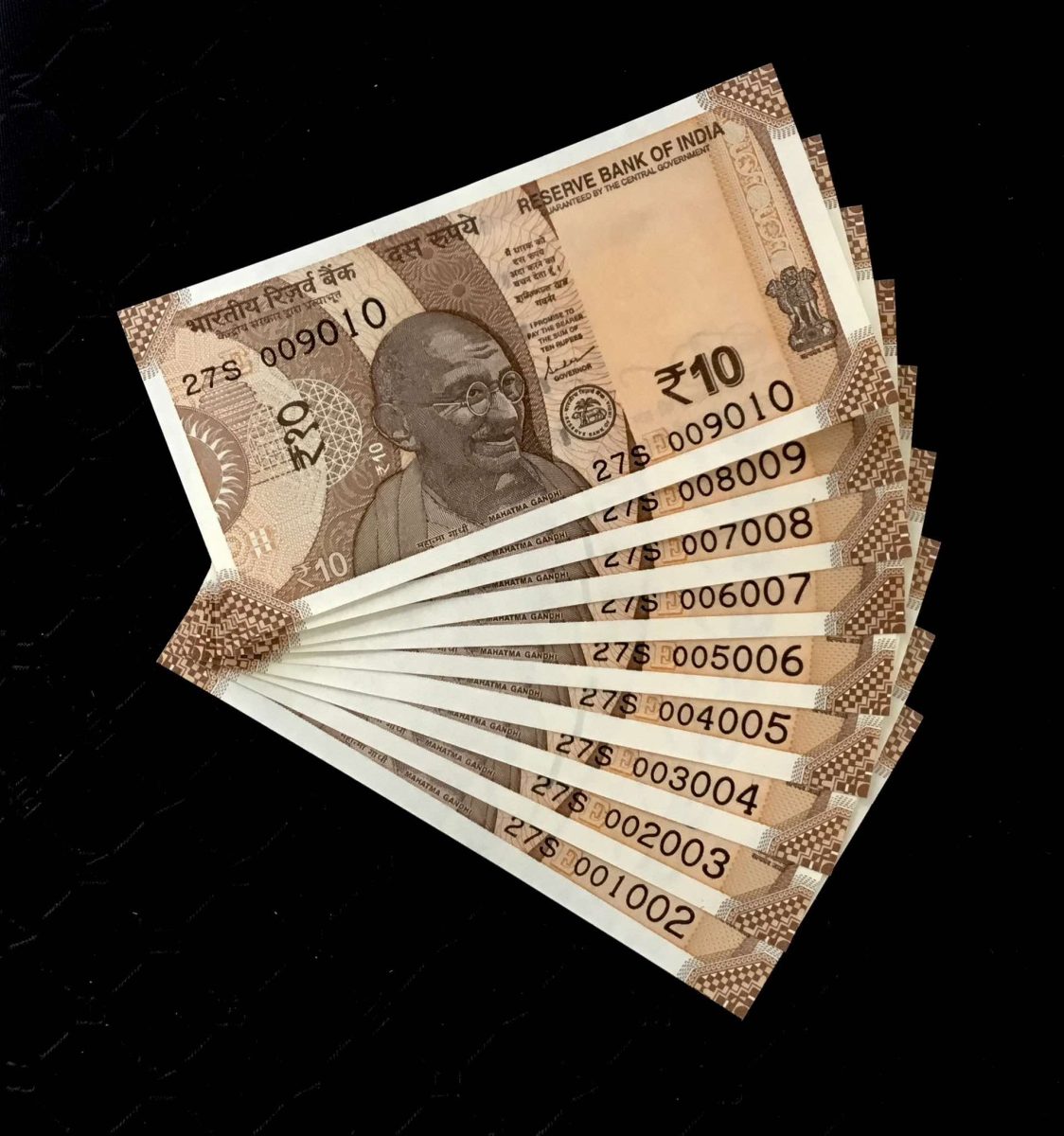 Rs 10 INDIA Bank note SEMI FANCY NUMBER 001002 to 009010 Issue Very Unique and Rare