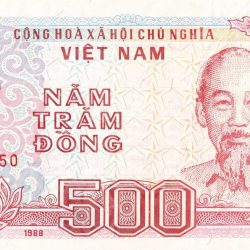 Alternative view of Old 500 Dong of Vietnam (AD 1988) with Hai Phong port dockside scene with trawlers being unloaded