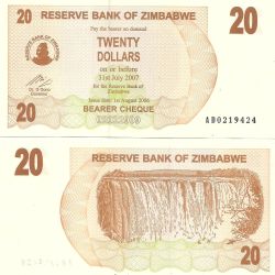 20 Dollars of Zimbabwe Country (AD 2006) with Victoria Falls on Zambezi River