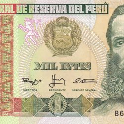 Old 1000 Intis of Peru Country (AD 1986-1988) with Portrait of Marshall Andres Avelino Caceres/Illustration of the Ruins of Chan Chan
