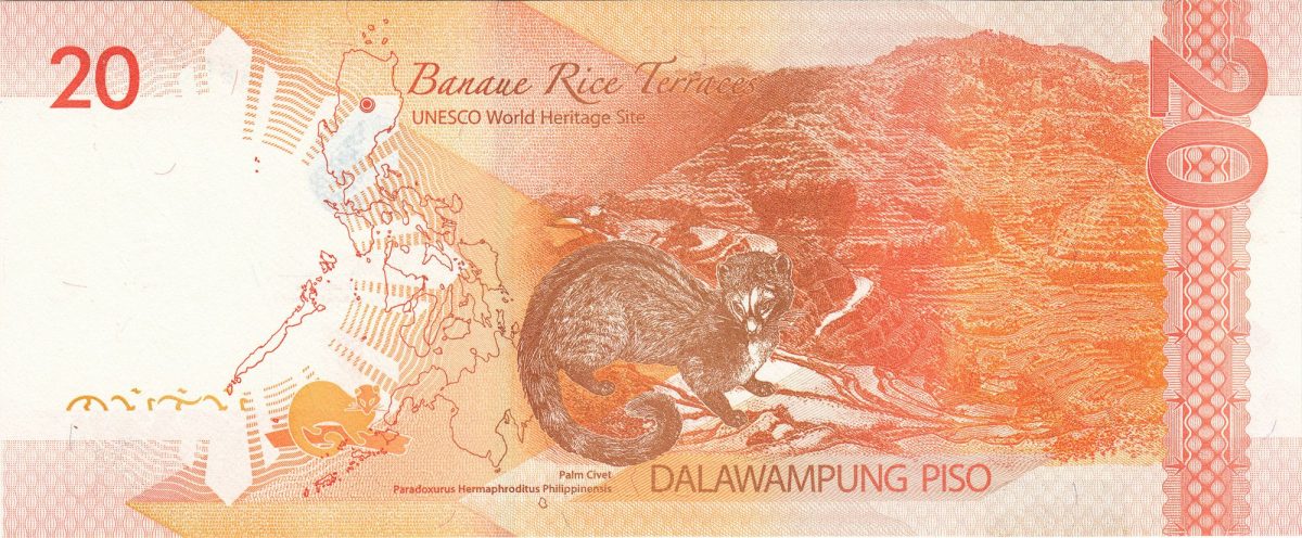 20 Piso of Philippines Country (AD 2022) with Banaue Rice Terraces in background, palm civet at centre