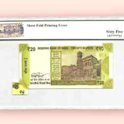 Alternative view of Rs 20 INDIA BANKNOTE GRADED 65 SHEET FOLDING PRINTING Error GEM UNC Signed by Shaktikanta das Very Unique Latest Issue