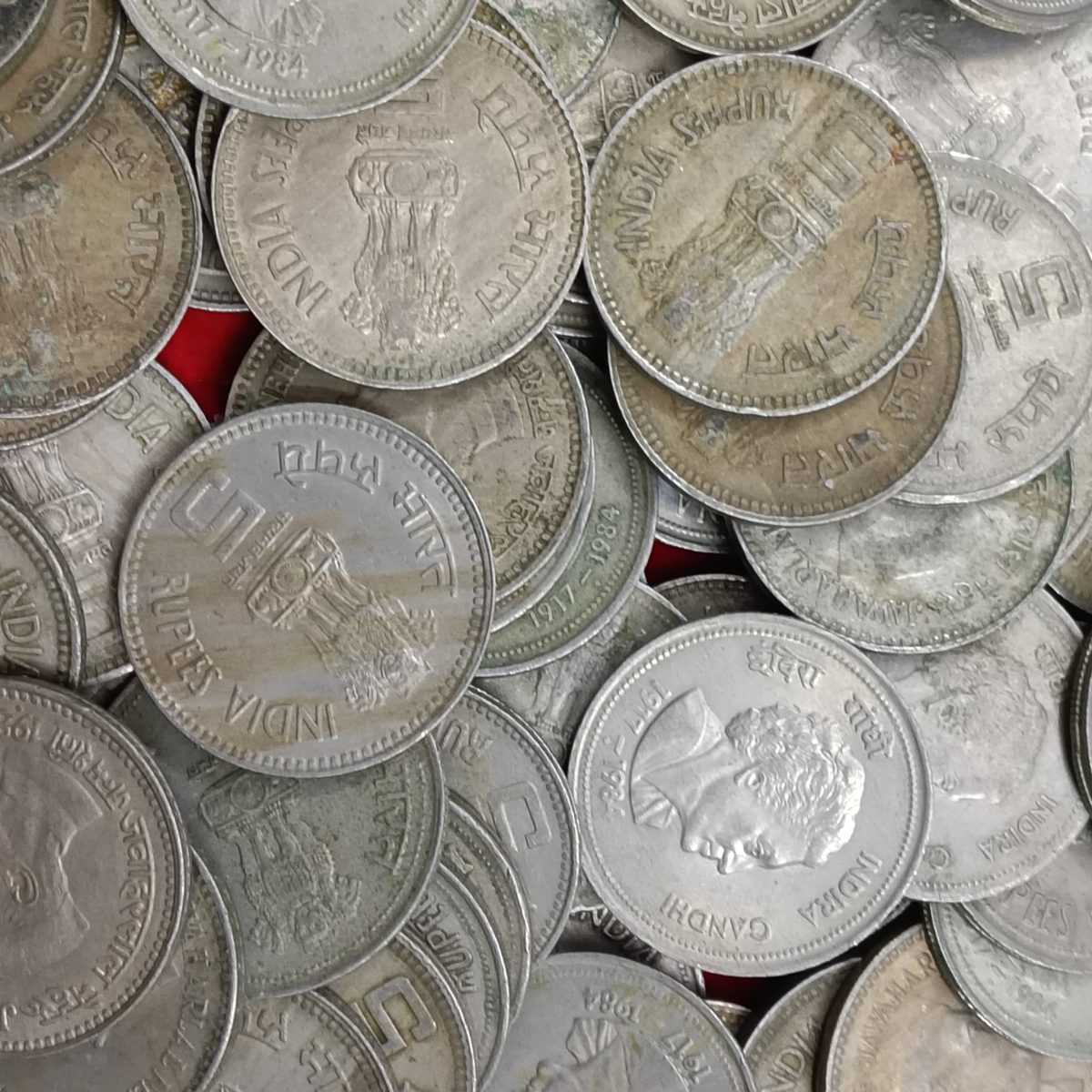 Five Rs Big Coin Copper Nickel Indra Gandhi Ji And Jawaharlal Nehru 50 Pcs Given