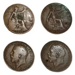 UNITED KINGDOM Bronze HALF PENNY Year 1919 & 1921 "Big Size" King GEORGE-V Set 2 Coins Used Conditions.