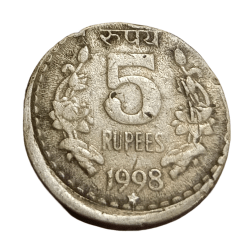 5 Rupees Cu/Ni Year 1998 Hyderabad Mint Minor OFF CENTRE Error Collectable Grade.