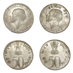 50 Paisa Nickel Magnetic COMMEMORATIVE Issue JAWAHARLAL NEHRU "English & Hindi" SET 2 Coins Collectable Grades.