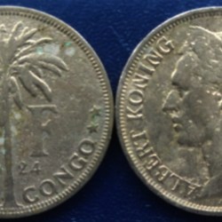 Belgian Congo, 1 Franc, 1920 - 1929, KM #21, Albert I, Dutch Text, Circulated Condition.