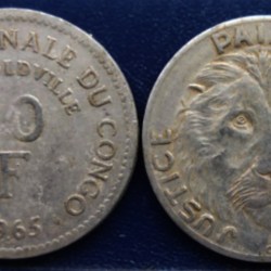 Democratic Republic of the Congo, 10 Francs, 1965, KM #1, Circulated Condition.