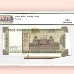 Alternative view of Rs 500 REPUBLIC INDIA BANKNOTE GRADED 50 SHEET FOLD CUTTING ERROR signed by Shaktikanta das AUNC Unique and Rare