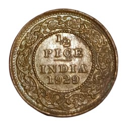 British India Copper 1/2 PICE Year 1929 King GEORGE-V High Collectable Grade.