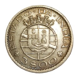 Alternative view of INDIA PORTUGUESE Cu/Ni 3 ESTADO Year 1958 **SCARE** High Collectable Grade.
