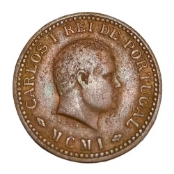 Alternative view of INDIA PORTUGUESE Bronze 1/8 TANGA Year 1901 "MCM I" CARLOS-I **RARE** High AUNC Collectable Grade.