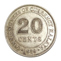 COMMISSIONERS OF CURRENCY "MALAYA" Silver 20 CENTS Year 1939 King GEORGE-VI High Collectable Grade.