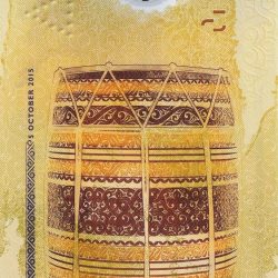 Alternative view of Polymer 10 Rufiyaa of Maldives Country (AD 2015) with A portrait of a group of people playing the boduber (traditional drum)