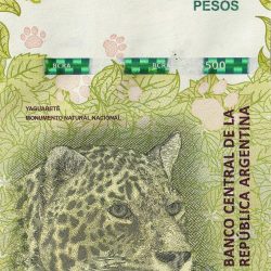 500 Pesos of Argentina (AD 2016-2022) with Jaguar (panthera onca), flower/Jaguar cub, Yungas jungle, UNC Grade.