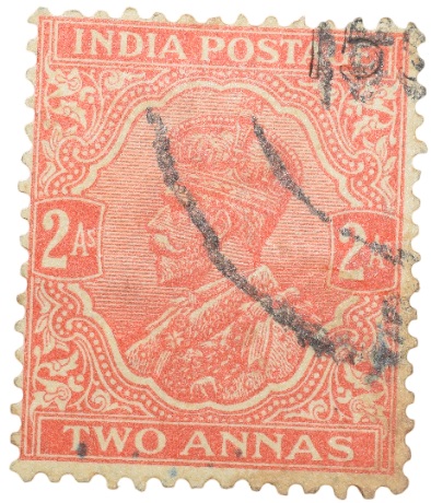 Postal Stamp of George V 2 Annas Orange-Red Colour - Used Condition as per Image.
