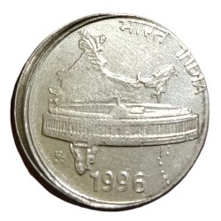 Alternative view of 50 Paisa Fss Year 1996 with DIE CAPPED OFF CENTRE Error in UNC Grade.