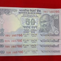 50 RUPEE GEM UNC CONDITION 4 NOTES ENFING 786SAME SERIAL NO. 285786