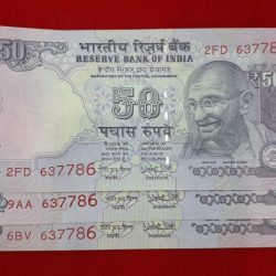 50 RUPEE GEM UNC CONDITION 3 NOTES ENDING 786 SAME SERIAL NO. 637786