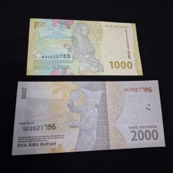 Alternative view of 1000 and 2000 rupiah paper currency banknote of Indonesia ENDING 786 GEM UNC CONDITION