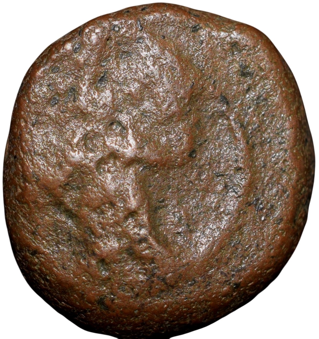 Copper Coin of Tanjore Nayakas (16th - 17th Cen. AD) with Standing Vishnu/Shivalinga above couchant Bull