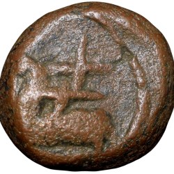 Alternative view of Copper Coin of Tanjore Nayakas (16th - 17th Cen. AD) with Standing Vishnu/Shivalinga above couchant Bull