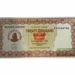 Zimbabwe World Banknote 20000 Dollars Bearer Cheque Ending 786 Unique and Rare
