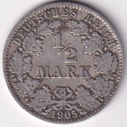 Germany 1/2 MARK 1905 A Berlin Mint 2.77 Grams Silver Coin