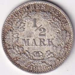 Germany 1/2 MARK 1918 D Munich Mint 2.77 Grams Silver Coin