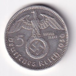 Alternative view of Germany 5 Reichsmark 1936 Paul von Hindenburg Silver (.900) (Weight-13.88 g) rare coin #010