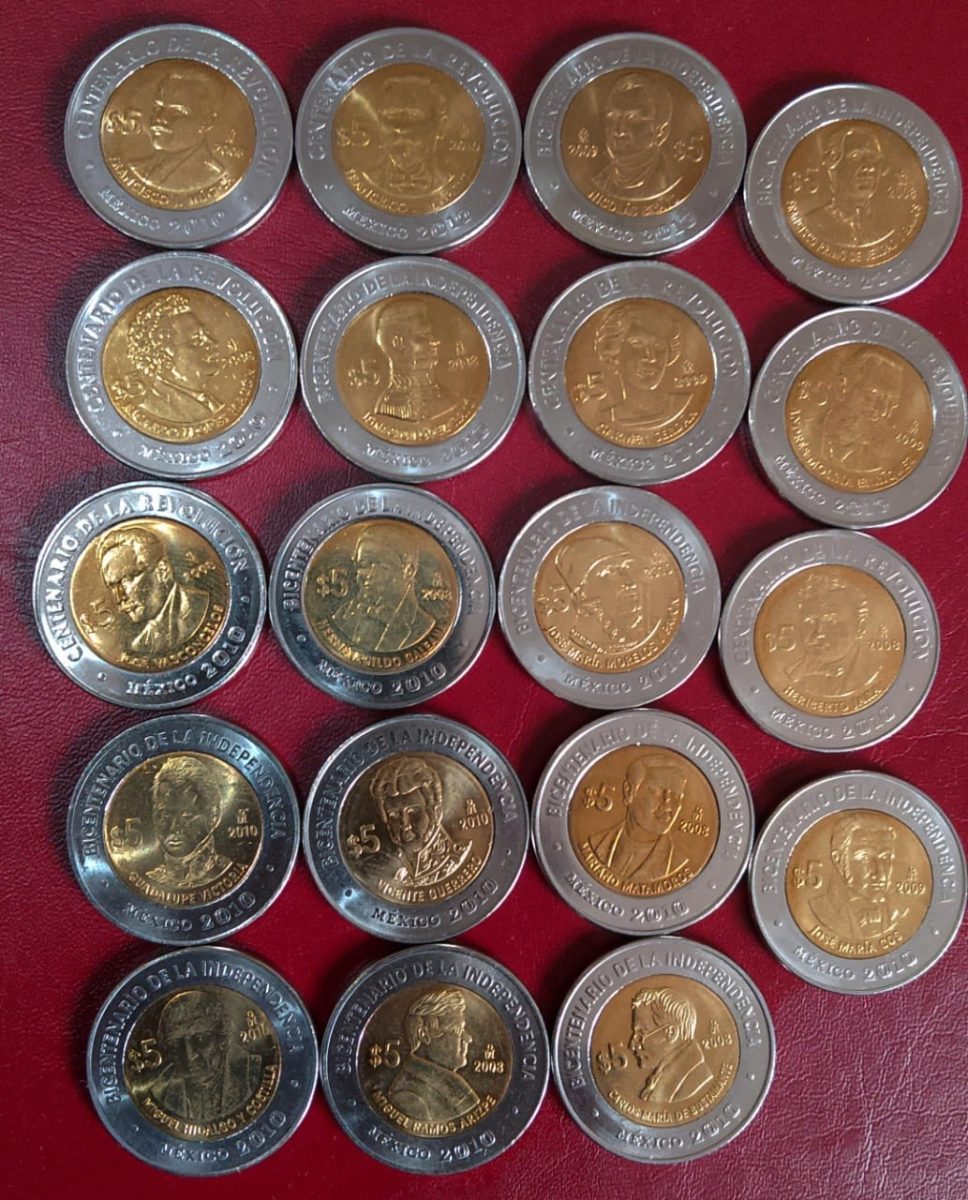 Mexico, 5 Pesos, 2008 - 2010, Independence bicentenary 19 different Commemorative issues, Bimetal, UNC Condition.