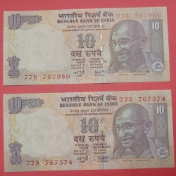 10 Rs Super Ascending and Descending GEM UNC Condition Note Same Prefix 77787980 and 77767574 Y V Reddy