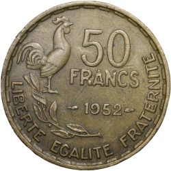 Alternative view of Old Brass 50 Francs of France Country (AD 1952) with Rooster Scarce
