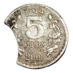 5 Rupees Cu/Ni Year 2001 Bombay Mint Major CURVE CLIP CUT Error Collectable Grade.