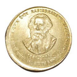 5 Rupees Ni/Brs Commemorative Issue Rabindranath Tagore Calcutta Mint with Shifting Error High AUNC Grade.