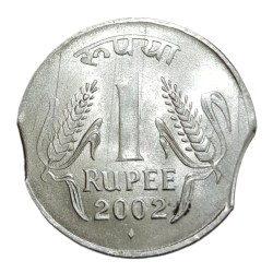 One Rupee Old Fss Corn Theme Year 2002 Bombay Mint DOUBLE CURVE CLIP CUT Error in High AUNC Grade.